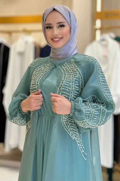 Taş Detaylı Elbise Abaya Takım 3943 Mint - Resim 4