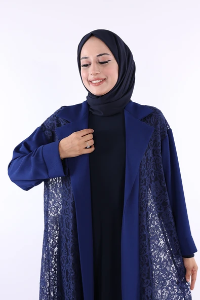 Yakalı Dantel Güpür Detay Abaya 7830 Lacivert - Resim 4