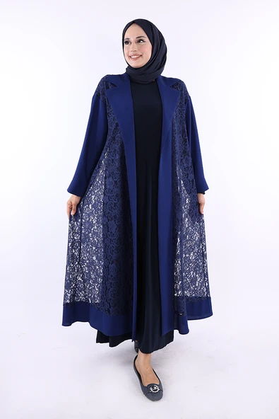 Yakalı Dantel Güpür Detay Abaya 7830 Lacivert ürün görseli