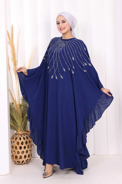 Fırfırlı Taş Detaylı Elbise 3936 Lacivert - Resim 3