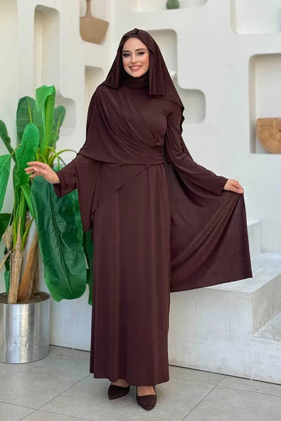 Şallı Drape Detaylı Sandy Elbise 3922 Kahverengi