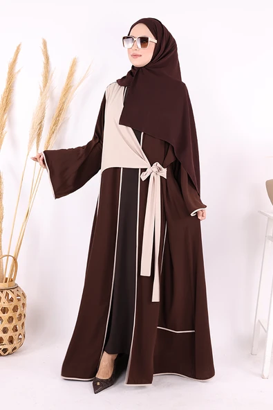 Önden Bağlama Detaylı Abaya 70005 Kahverengi - Resim 3