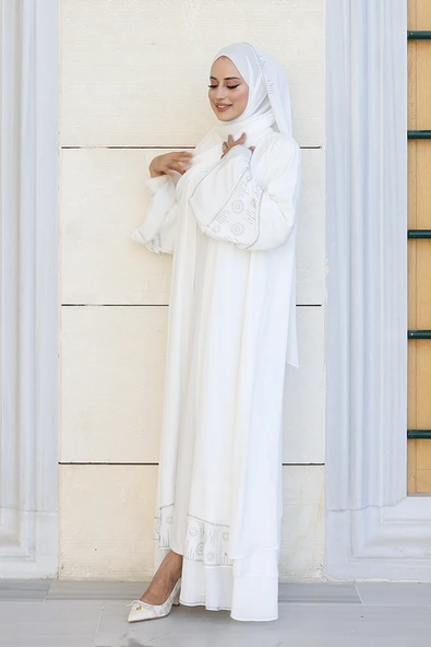 Taş Detaylı Şal ve Abaya İkili Takım 70001 Ekru - Resim 3