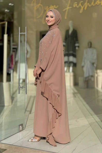 Fırfırlı Taş Detaylı Elbise 3936 Vizon - Resim 2