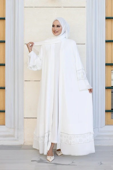 Taş Detaylı Şal ve Abaya İkili Takım 70001 Ekru - Resim 2