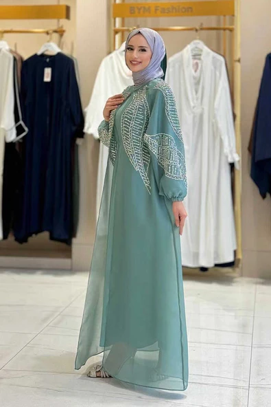 Taş Detaylı Elbise Abaya Takım 3943 Mint - Resim 3