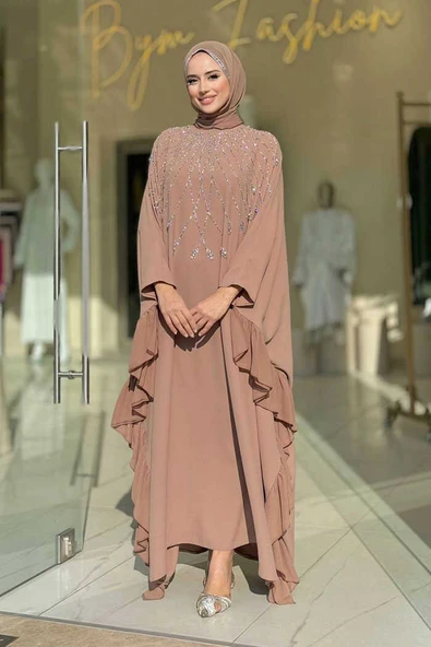 Fırfırlı Taş Detaylı Elbise 3936 Vizon - Resim 3