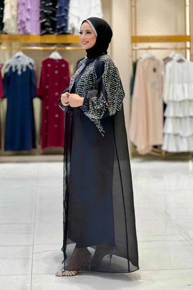 Taş Detaylı Elbise Abaya Takım 3943 Siyah - Resim 3