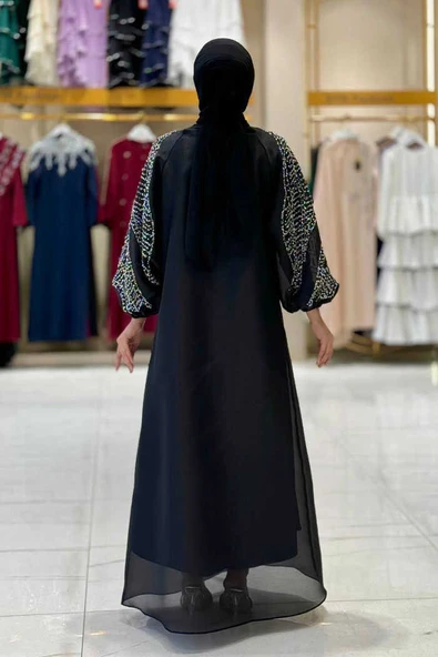 Taş Detaylı Elbise Abaya Takım 3943 Siyah - Resim 2