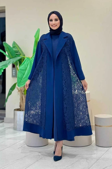 Yakalı Dantel Güpür Detay Abaya 7830 Lacivert