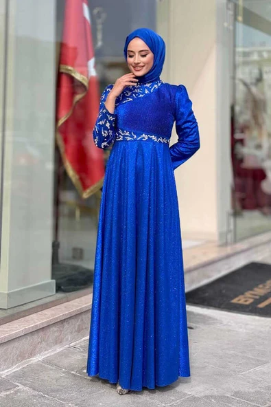 Simli Taş Detaylı Abiye 3934 Saks - Resim 3