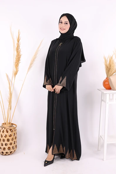 Taş Detaylı Fermuarlı Ferace 3918 Siyah-Gold - Resim 3
