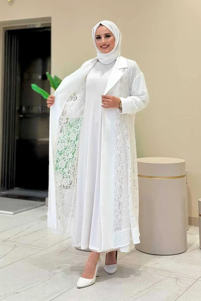 Yakalı Dantel Güpür Detay Abaya 7830 Ekru - 3