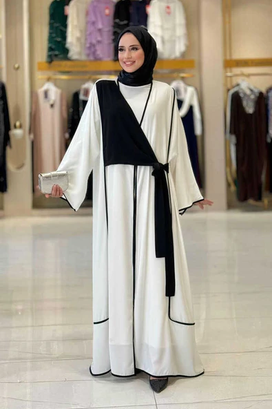 Önden Bağlama Detaylı Abaya 70005 Ekru