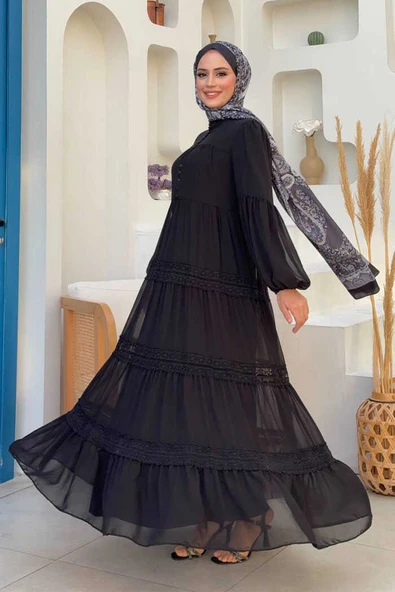 Dantel Detay Şifon Elbise 3923 Siyah - 3