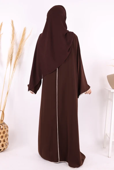 Önden Bağlama Detaylı Abaya 70005 Kahverengi - Resim 4