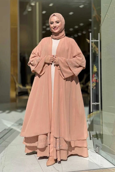 Taş Detaylı Şal ve Abaya İkili Takım 70001 Taba