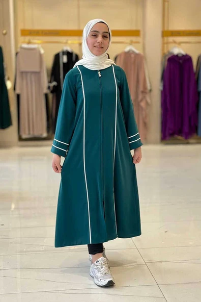 Fermuarlı Biyeli Çocuk Feracesi 6031 Zümrüt - 4