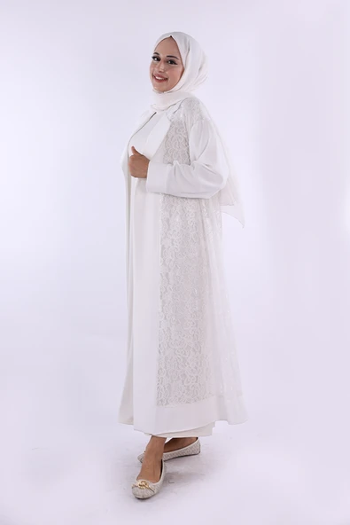 Yakalı Dantel Güpür Detay Abaya 7830 Ekru ürün görseli