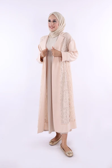 Yakalı Dantel Güpür Detay Abaya 7830 Taş ürün görseli