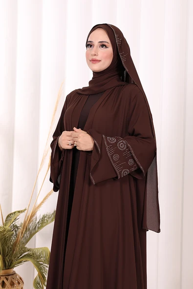 Taş Detaylı Şal ve Abaya İkili Takım 70001 Kahverengi - Resim 5