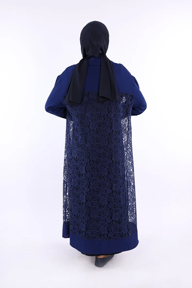 Yakalı Dantel Güpür Detay Abaya 7830 Lacivert - Resim 3