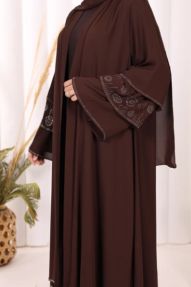 Taş Detaylı Şal ve Abaya İkili Takım 70001 Kahverengi - Resim 6