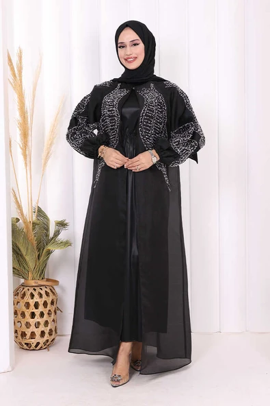 Taş Detaylı Elbise Abaya Takım 3943 Siyah - Resim 2