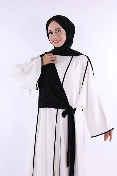 Önden Bağlama Detaylı Abaya 70005 Ekru - Resim 4