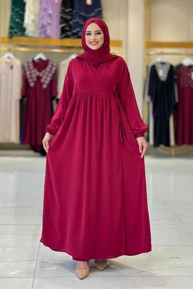 Şallı Kruvaze Namaz Elbisesi 6027 Bordo