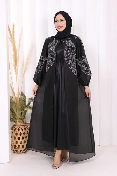 Taş Detaylı Elbise Abaya Takım 3943 Siyah ürün görseli 1