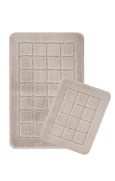 Doğal Kaymaz Taban Banyo Paspas Seti Uzun Ömürlü Yumuşak Dokulu Su Emici Yıkanabilir Kareli Set 50x80-50x40 - 11