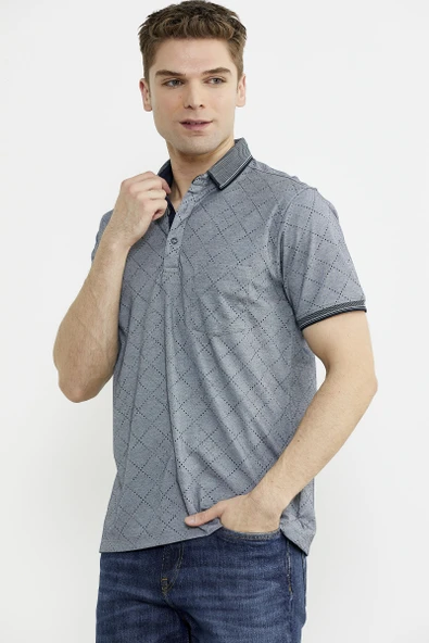 Baskı Detaylı Polo Yaka Tişört - Gri - Resim 3