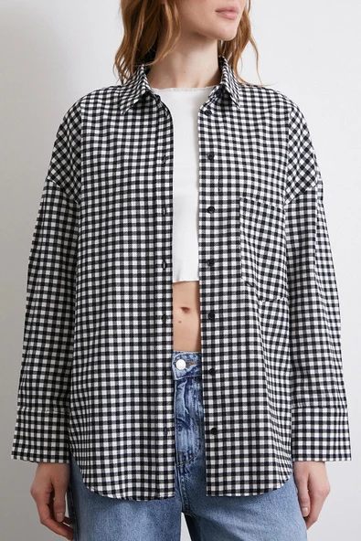 Pamuklu Ekose Gömlek Siyah - Resim 6