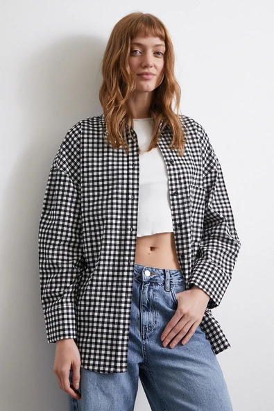 Pamuklu Ekose Gömlek Siyah - Resim 4