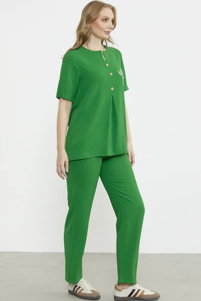 Sıfır Yaka Düğmeli Viskon Takım - Yeşil - Resim 5