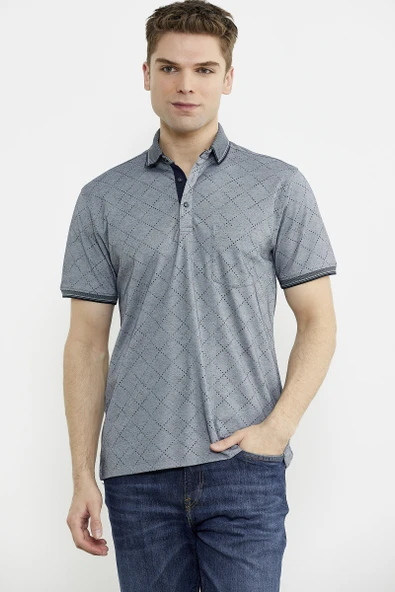 Baskı Detaylı Polo Yaka Tişört - Gri - Resim 2