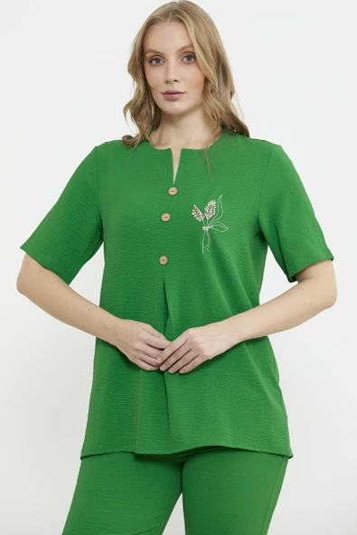 Sıfır Yaka Düğmeli Viskon Takım - Yeşil - Resim 4