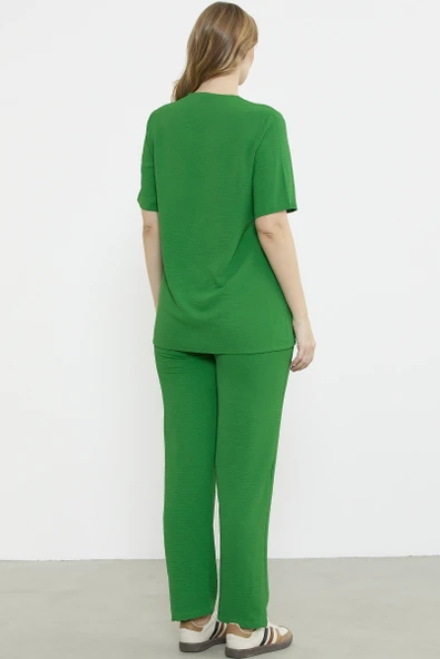 Sıfır Yaka Düğmeli Viskon Takım - Yeşil - Resim 6