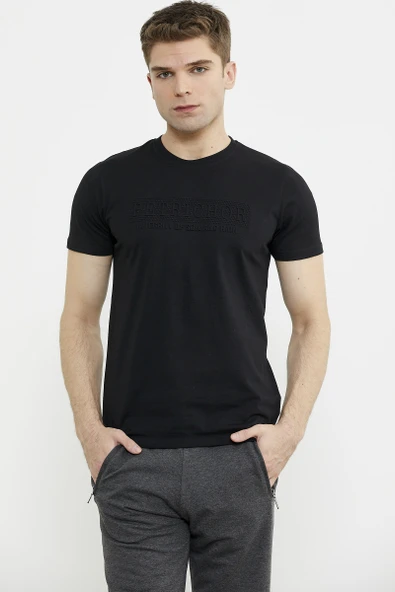 Kabartma Baskı Detaylı Pamuk Tişört - Siyah ürün görseli 1