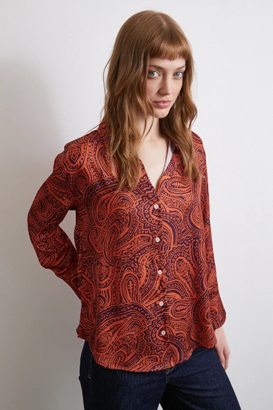 Desenli Gofret Saten Gömlek Turuncu - Resim 3