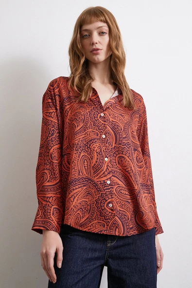 Desenli Gofret Saten Gömlek Turuncu - Resim 4