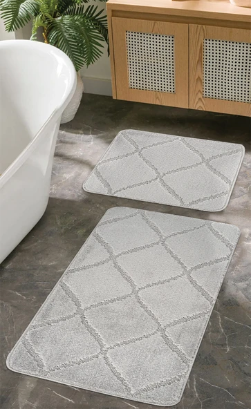 Doğal Kaymaz Taban Banyo Paspas Seti Uzun Ömürlü Yumuşak Dokulu Su Emici Yıkanabilir Çizgili Set 50x80-50x40 - 4