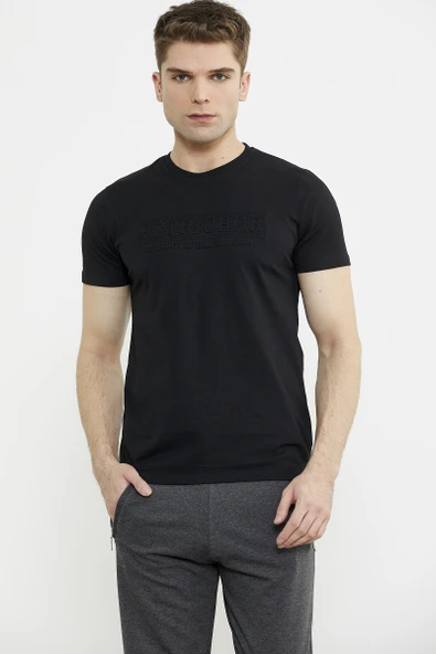 Kabartma Baskı Detaylı Pamuk Tişört - Siyah - Resim 4