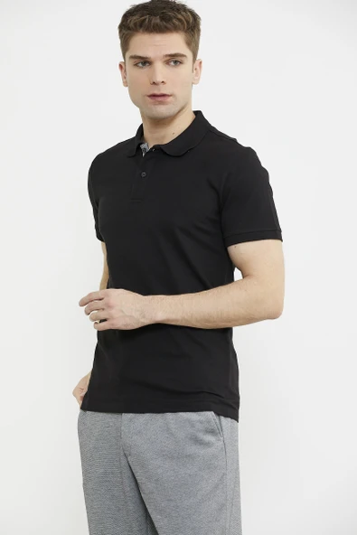 Detaylı Polo Yaka Kısa Kol Tişört - Siyah - Resim 3