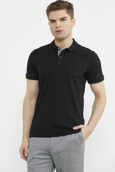 Detaylı Polo Yaka Kısa Kol Tişört - Siyah ürün görseli 1
