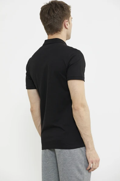Detaylı Polo Yaka Kısa Kol Tişört - Siyah - Resim 5