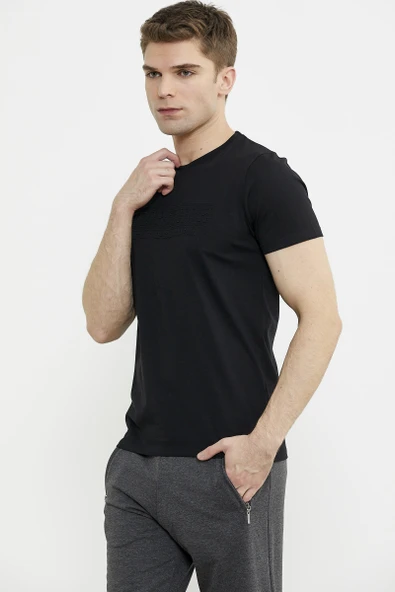Kabartma Baskı Detaylı Pamuk Tişört - Siyah - Resim 5