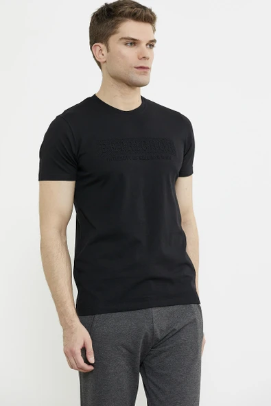 Kabartma Baskı Detaylı Pamuk Tişört - Siyah - Resim 3
