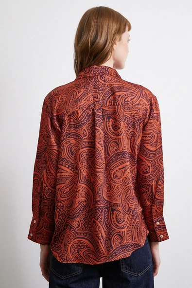 Desenli Gofret Saten Gömlek Turuncu - Resim 6